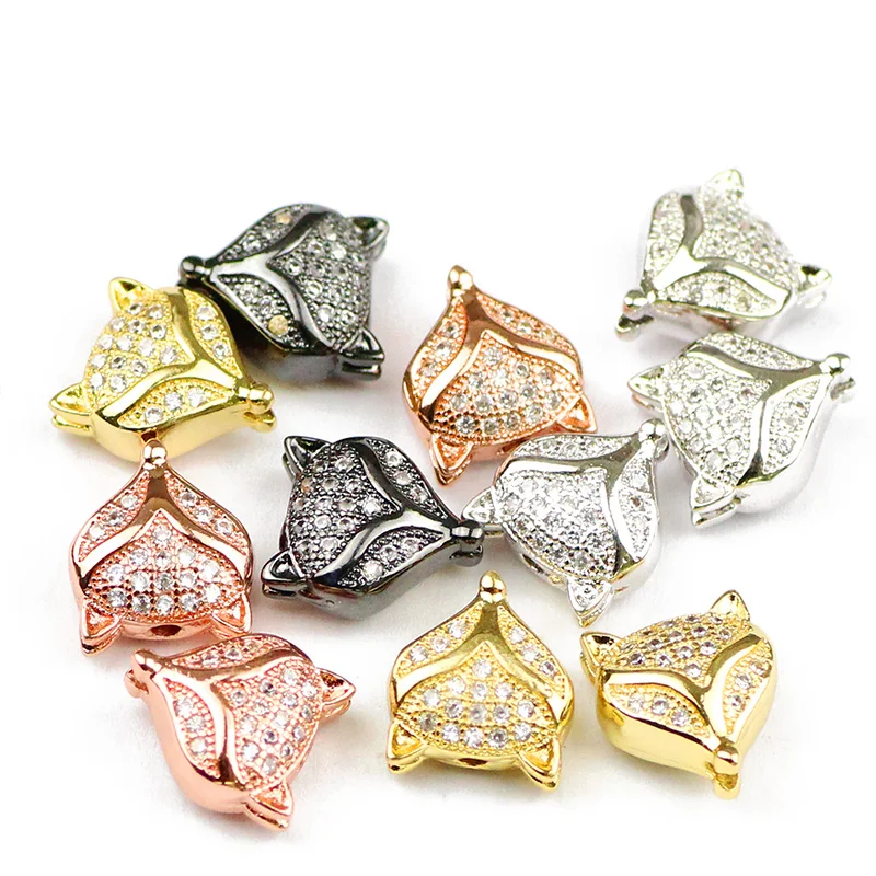 4pcs Fox Pendants Copper Spacer Micro Pave Zircon Animal Charms Loose Beads For Jewelry Bracelet Making DIY Accessories Findings
