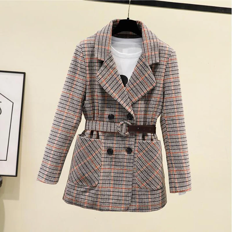 

Women's Autumn Blazer Coat Plaid Blazer Women 2024 New Spring Double-breasted Slim Waistband Belted Jacket