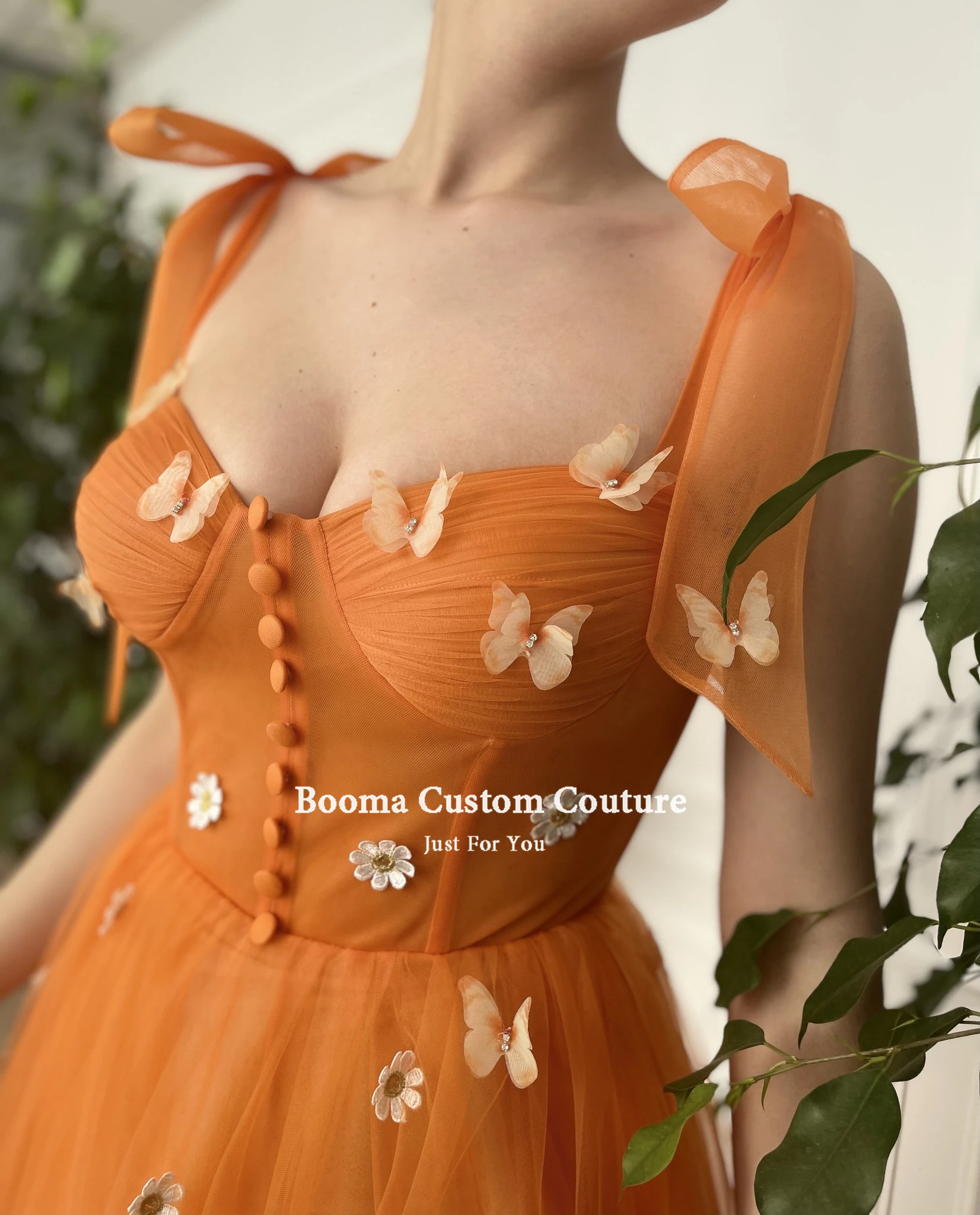 Booma Sweetheart Orange Tulle Prom Dresses Bow Straps Tea-Length Prom Gowns A-Line Midi Wedding Party Dresses Customized