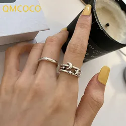 QMCOCO Silver Color Star Moon Double Layer Zircon Ring Female Simple Sweet Temperament Trend Fashion Gorgeous Jewelry