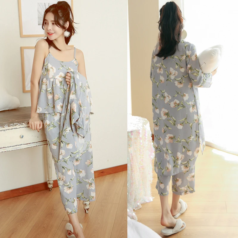 Women's Pajama Set Sleepwear Suit Long-Sleeve Underwear 3 Pieces Loungewear Floral Printing Pyjamas for Ladies Autumn Homewear