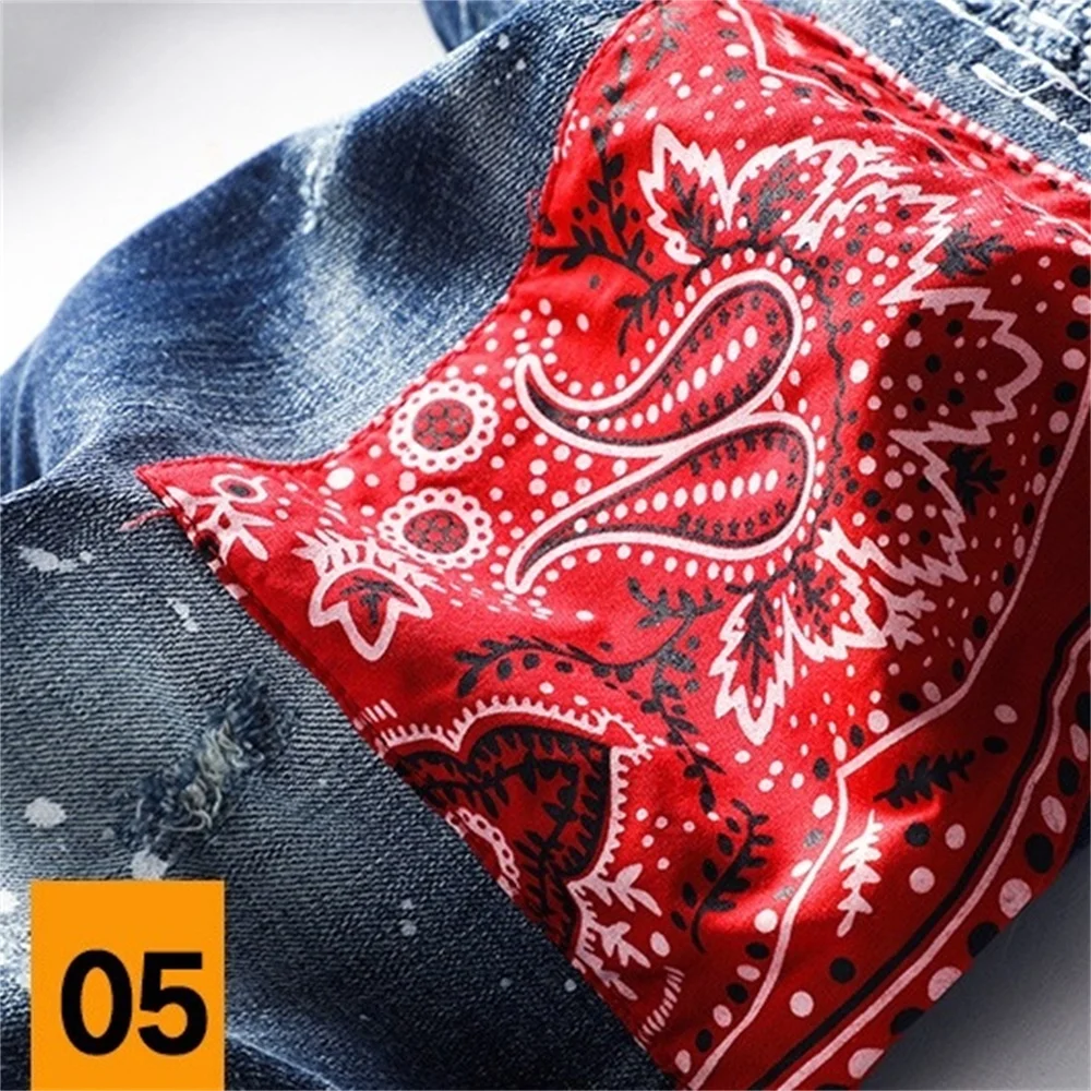 EH·MD® Embroidered Patch Jeans Men's Painted Ripped Hole Ethnic Style Decoration Micro Chapter Scratched Cotton Slim Pants Plaid