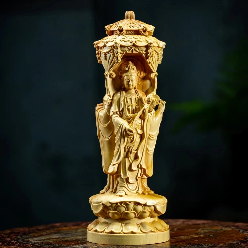 

15CM Buddha Statue Boxwood Statue Carvings Three Face Guanyin Sculpture Living Room Solid Wood Decoration Home Decor