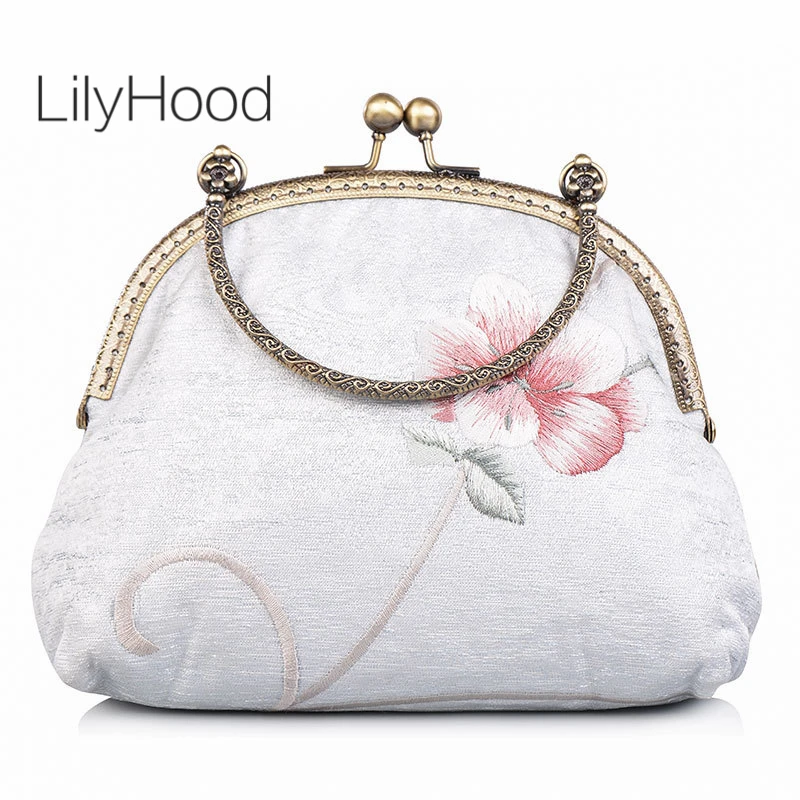 Handmade Women Vintage Floral Embroidery Clasp Handbag Female Chinese Luxury Design Cute Small Size Chain Kisslock Messenger Bag