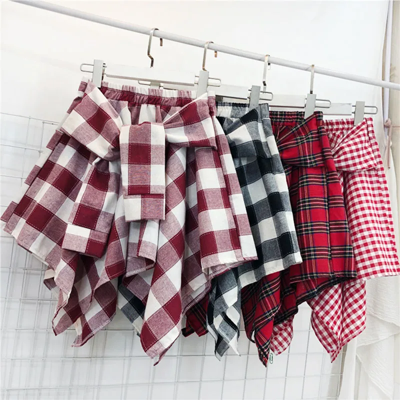 TOTRUST Fashion College Asymmetrical Skirt Women Summer Plaid Skirt Women Casual Students Fake Shirt Mini Skirt Female Saia