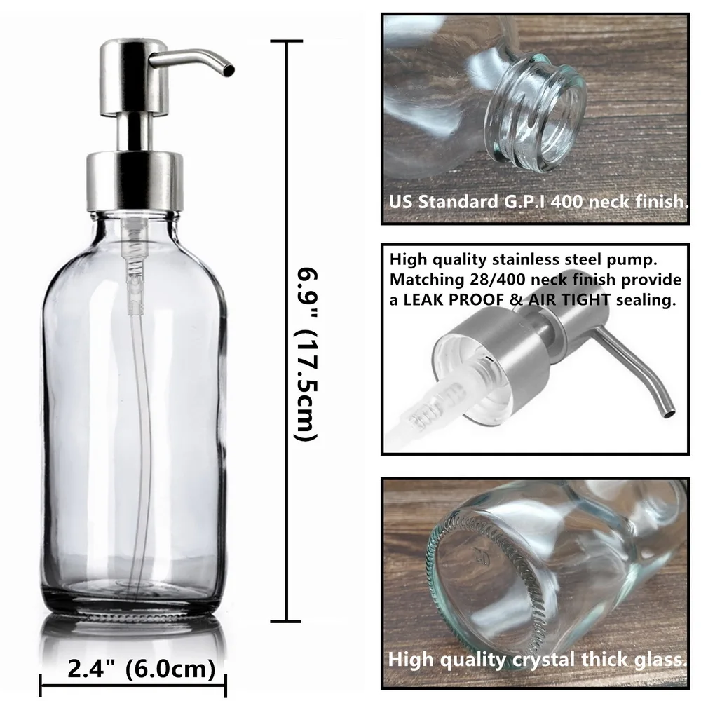 2pcs 250ml Clear Glass Pump Bottle Empty Stainless Steel Lotion Dispenser Containers for Liquid Soap Shampoo Shower Gel 8Oz