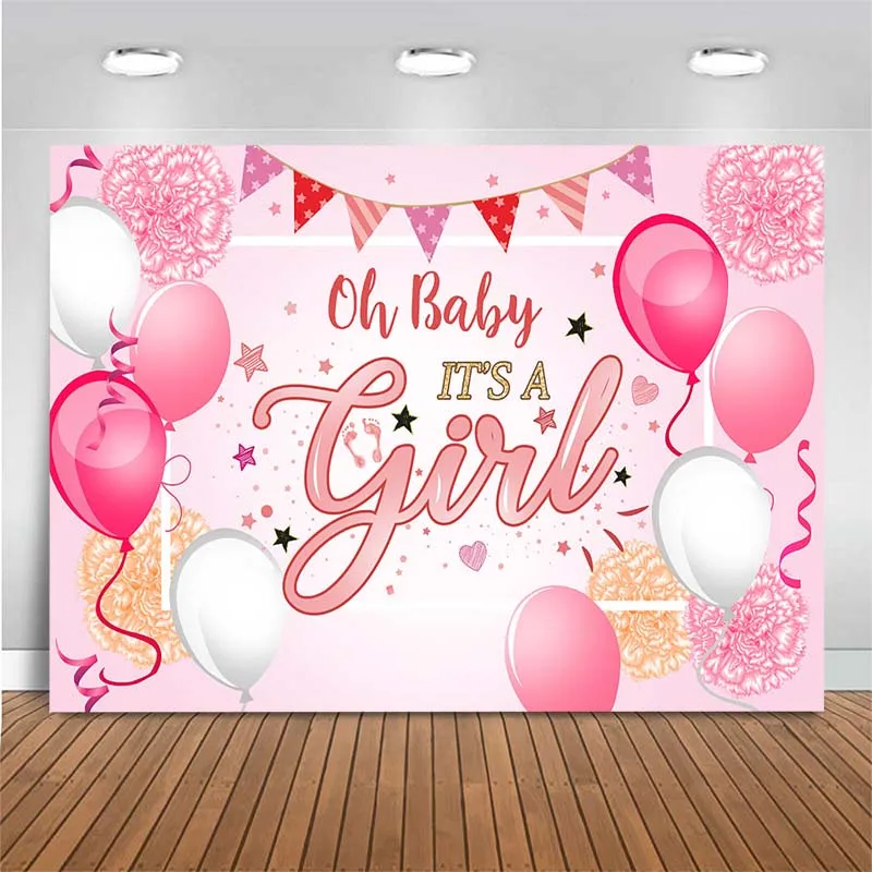 Baby Shower Backdrop Pink Balloons Star It’s A Girl Newborn Baby Shower Photography Backdrop Photo Background For Photo Studio