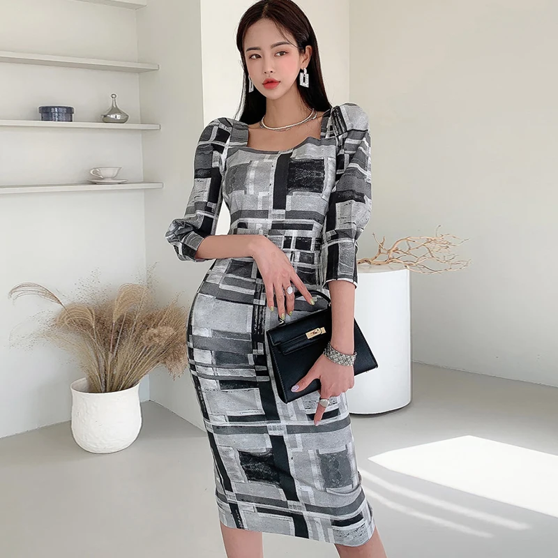 New Spring Autumn Elegant Office Women Dress Formal Ladies Chic Retro Print Square Collar Slim Midi Dresses Party Mujer Vestidos