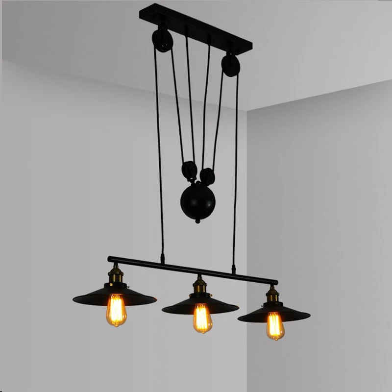 

American Country Retro Loft Industrial Wind Ball Chandelier Creative Three-Head Lifting Pulley Black Wrought Iron Lamp