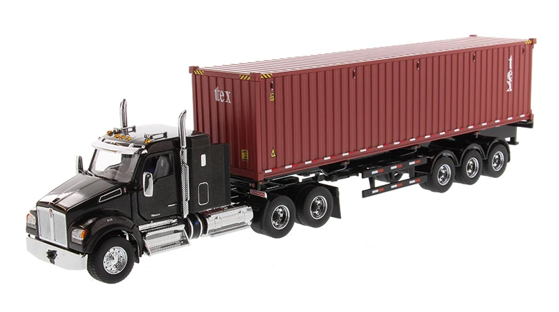 New 1/50 Scale Kenworth T880 SFFA 40 Sleeper Tandem Tractor in Metallic Black with 40\' Dry Goods Sea Container and Chassis 71060