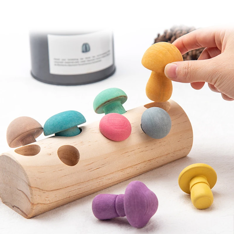 Blocs en bois arc-en-ciel pour enfants, jeu de cueillette de champignons, jouets éducatifs Montessori en bois pour bébés, forme assortie, poignée