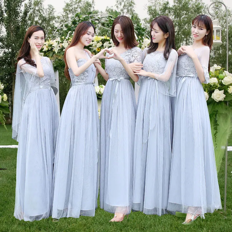 

Champagne Gray Pink Cheap Bridesmaid Dresses Mesh Lace Net Formal Prom Graduation Robe Women Girl Party Dress Long