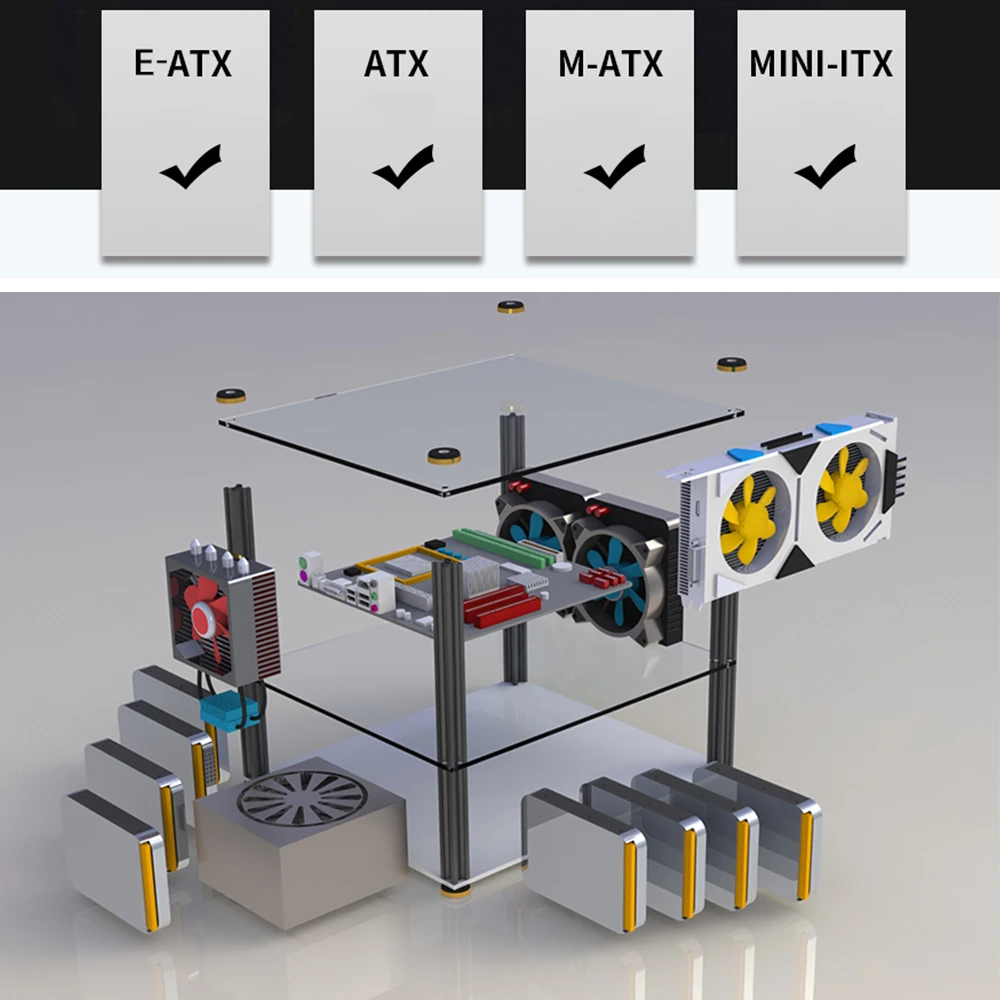 Double Layer DIY Opening PC Case For EATX ATX MATX MITX Support 120 240 Water Cooling ATX SFX Power Supply Acrylic Computer Case