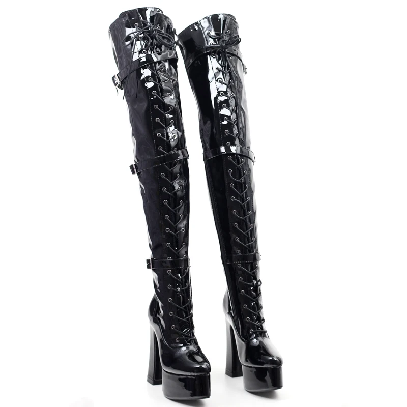 JIALUOWEI Gothic Women Lace Up Platform High Block Heel Punk Combat Thigh High Riding Boots