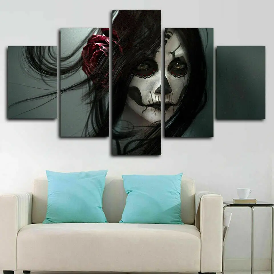 

No Framed 5 Pieces Day of The Dead Girl Skeleton Tattoo HD Wall Art Canvas Posters Pictures Paintings Home Decor for Living Room