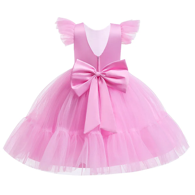 Pink Kid Girl Wedding Dress Baby Pageant Girl Party Princess Birthday Dress Children Clothes Bow Lace Gown Elegant Vestidos