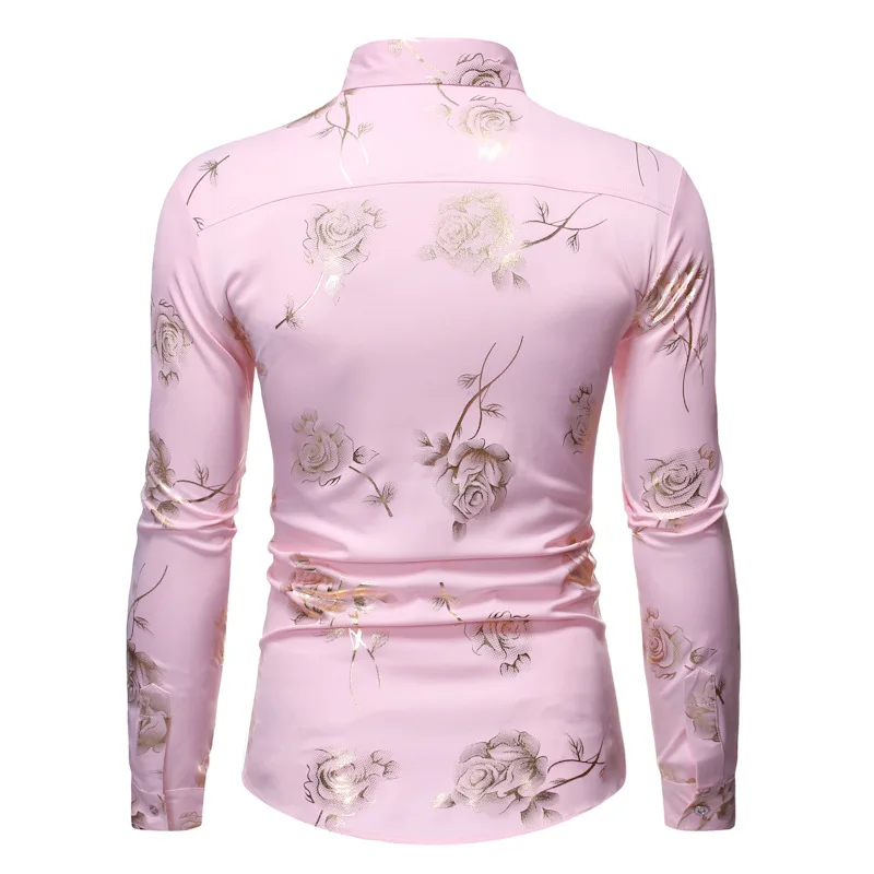 Stylish Rose Floral Gold Print Pink Shirt Men 2020 New Slim Fit Long Sleeve Mens Dress Shirts Club Party Wedding Camisa Social