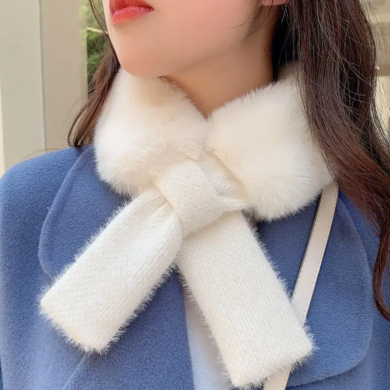 Winter Fur Collar Cross Fbib Emale Korean Warm Thick Scarf Neck Protection Wild Cute Rex Rabbit Plush Soft Fashion Shawl  P02