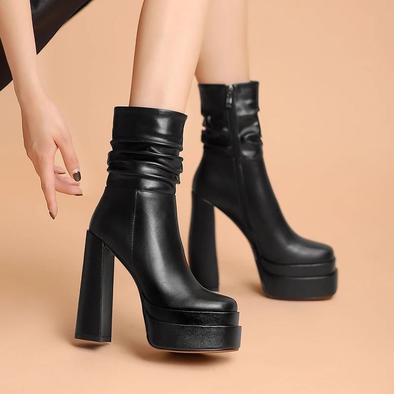 2021 Top Quality Ladies Boots Genuine Leather Women Ankle Boots Zipper High Heel Platform Female Shoes Concise Retro Black White