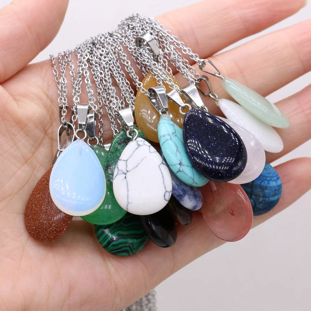 Natural Stone Necklace Drop Shape Crystal Rose Quartz Crazy Agate Opal Blue Turquoise Pendant Neck Chain for Women Jewelry Gifts