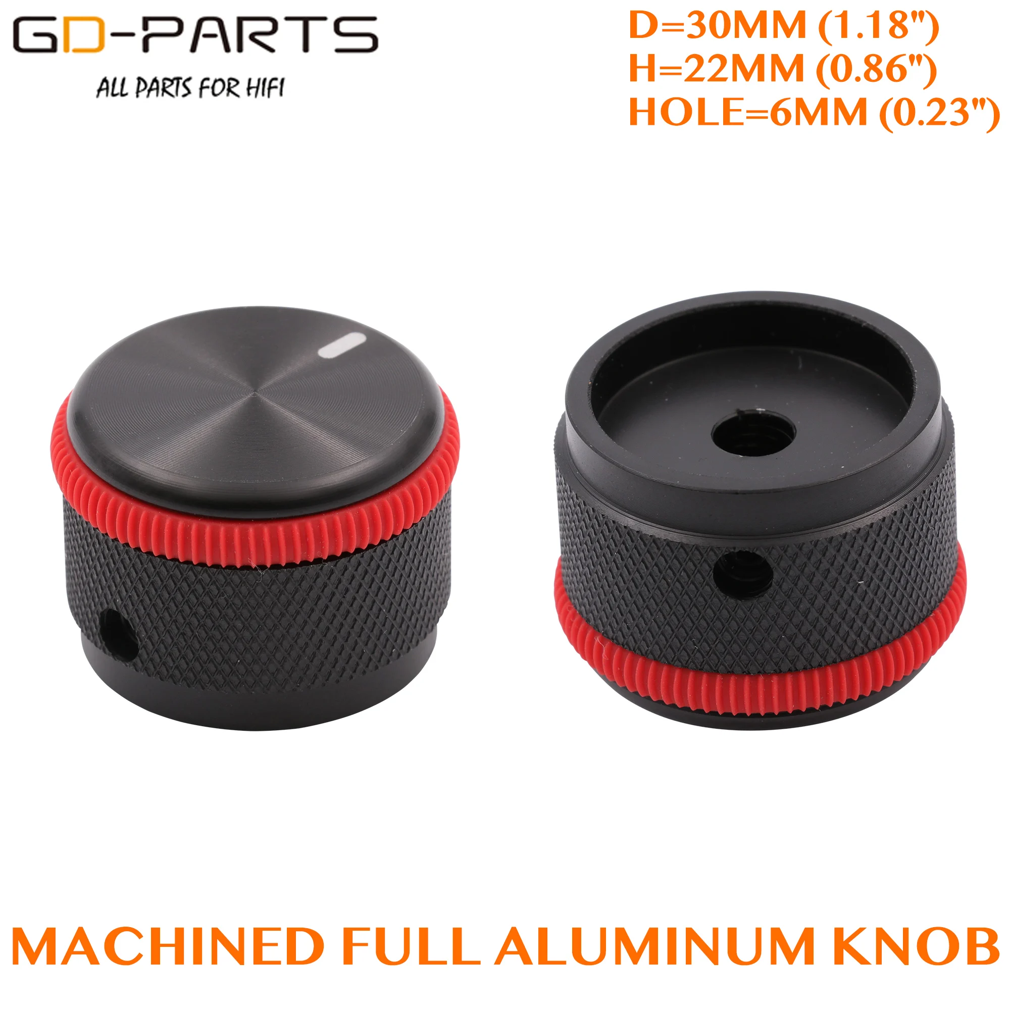 Alumínio Potenciômetro Knob Cap com anel de borracha vermelha, 0.23 ", 6mm Buraco, 30mm-22mm, Buraco para HiFi Audio Guitar AMP Radio Recorder, 1Pc