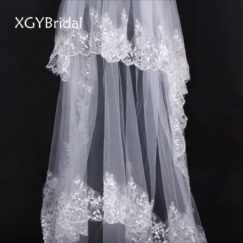 Long Three Layers Lace Edge Bridal Veils Appliqued Wedding Veil Ivory Exquisite Long Tail Wedding Accessories