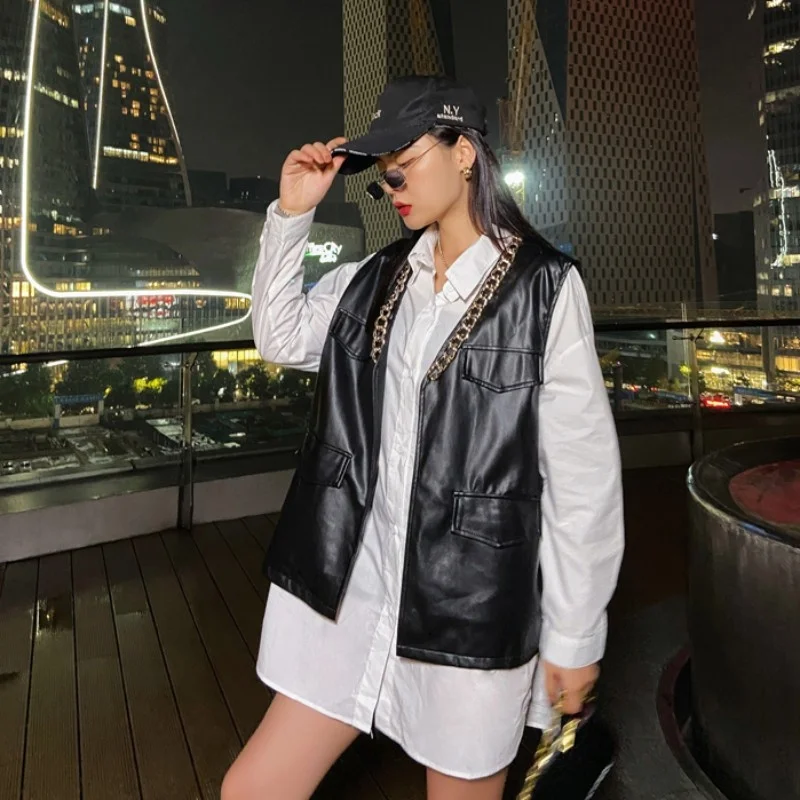 Hop Hip Sleeveless Jacket Women Loose Chain Pu Leather Cardigan Vest Street Casual O-Neck Motorcycle Waistcoat Fashion Vests