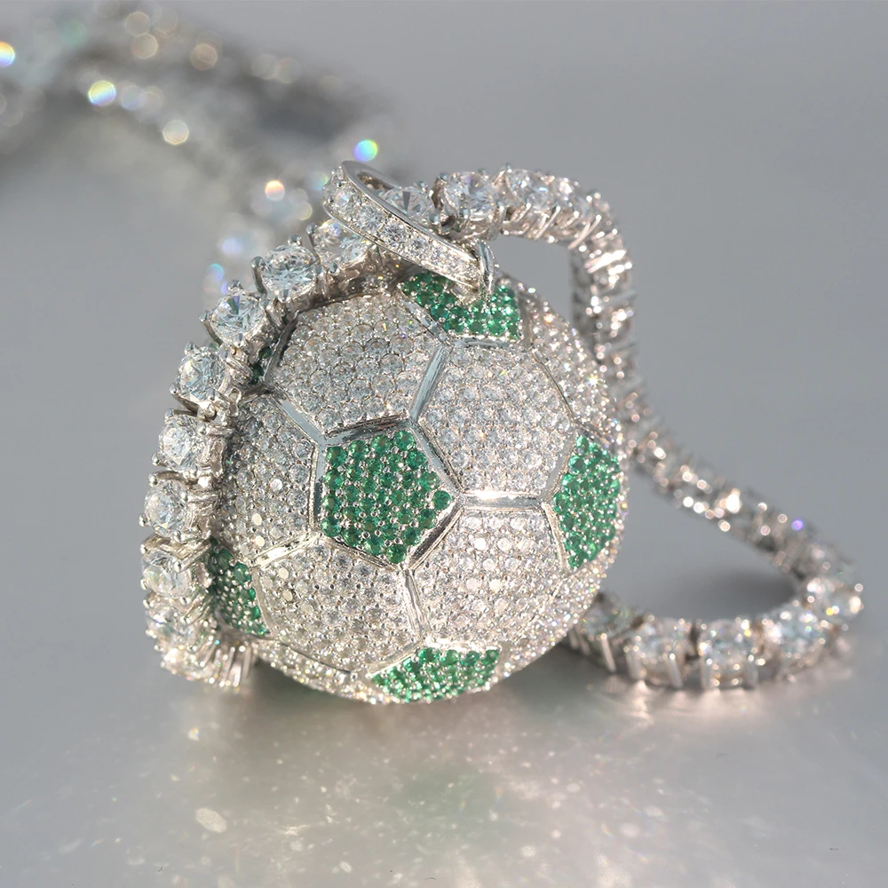 Hiphop Bling Football Soccer Ball Micro Pave Iced Stone Silver Gold Plating 925 Sterling Silver Necklace Pendant