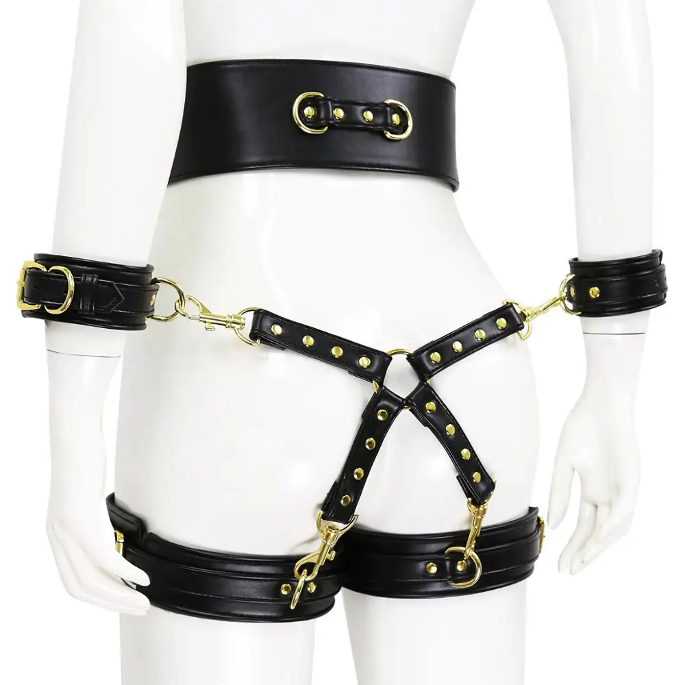 Thierry SM Bondage Set Include Waistband, Wrist & Thigh Cuffs, Cross Buckle, Adult Games Restraints Handcuffs Leg Cuff Sex Toys