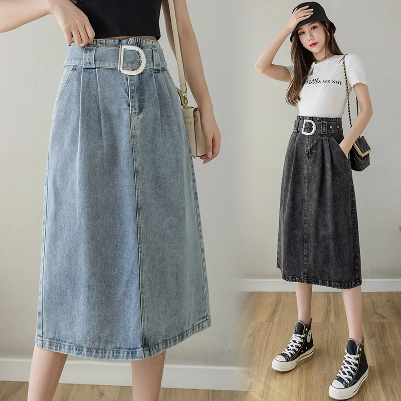 REALEFT 2021 New Denim Women's Umbrella Skirts with Belted Spring Summer High Waist Blue Jeans Female A-Line Midi Skirts Pockets