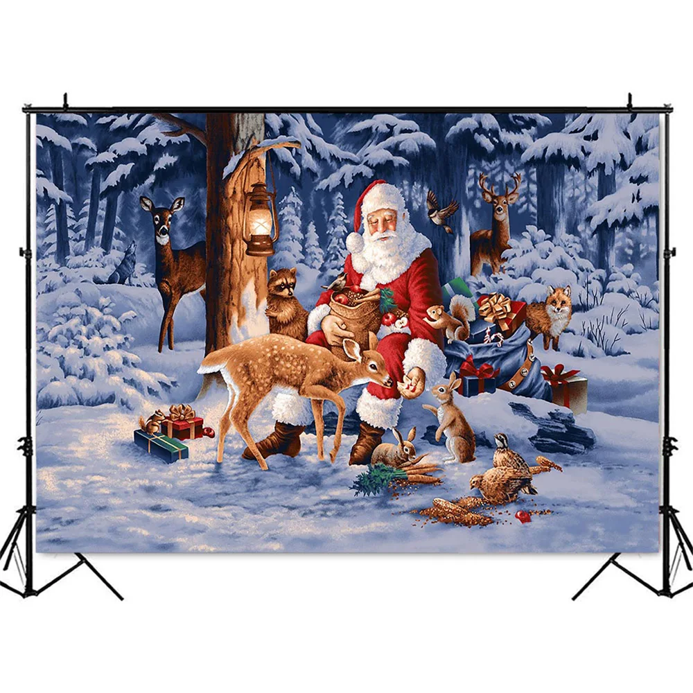 Santa Claus Winter Snow Backdrop for Photography Animals Beers Forest Background for Christmas Photoshoot Props gifts photocall