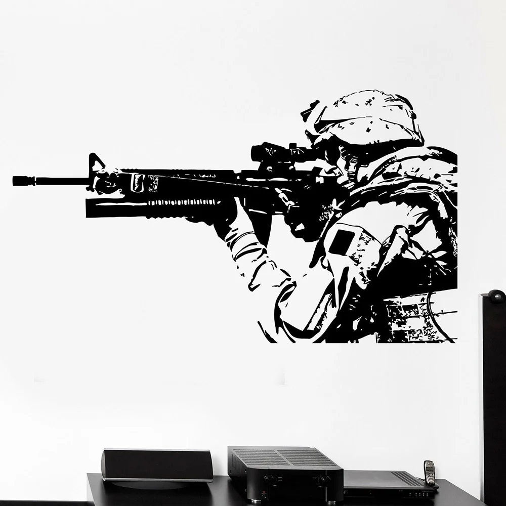 Militaire Muur Vinyl Soldaat Marine Rifle Decal Jongen Slaapkamer Muurschildering Vinyl Art Wall Stickers Huis Ornament Muur Posters A586