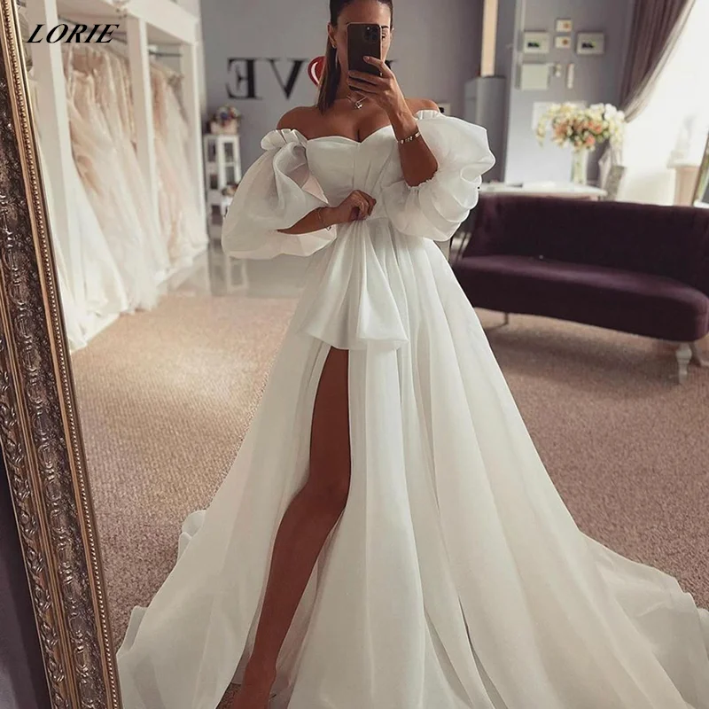 LORIE Elegent White Bow Wedding Dresses Puff Sleeve Side Split Boho Bride Dress Off Shoulder A-Line Wedding Gown