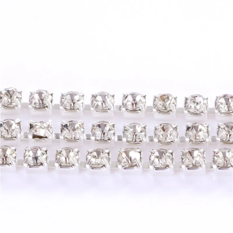 New 2mm-4mm Glass Rhinestone Chain with Silver Base Crystal Faltback Sewing Accessories for Garment Bags decorations