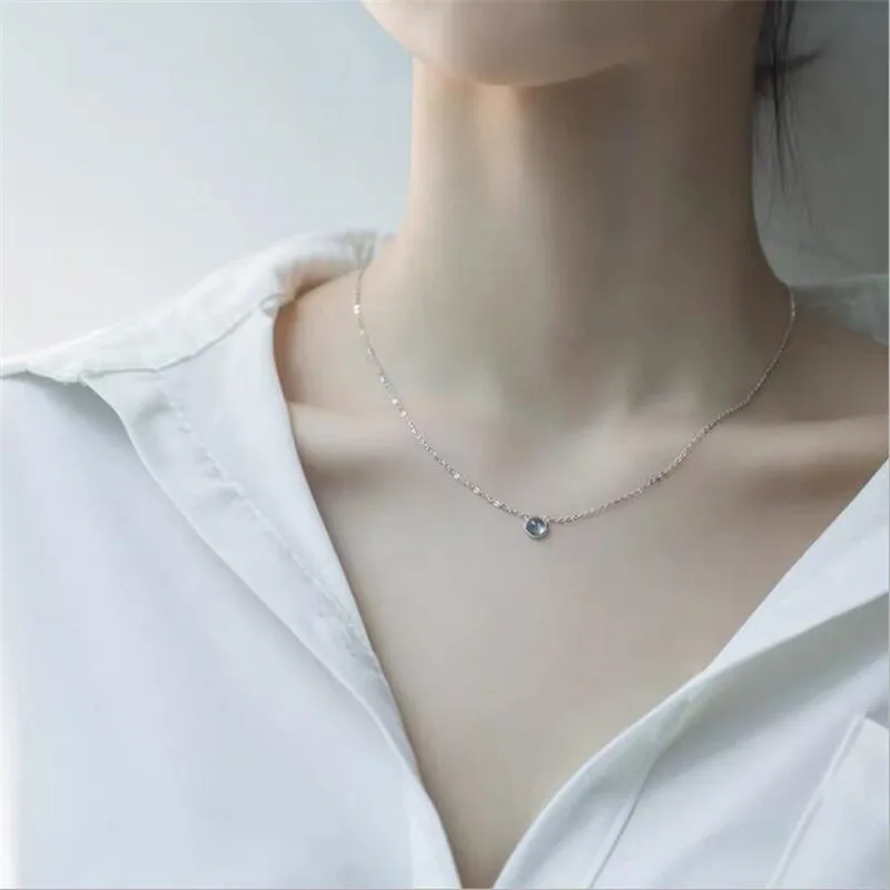 925 Sterling Silver Jewelry Female Blue Ocean Heart Simple And Cute Fashion Round Geometric Clavicle Chain Necklaces  XL089