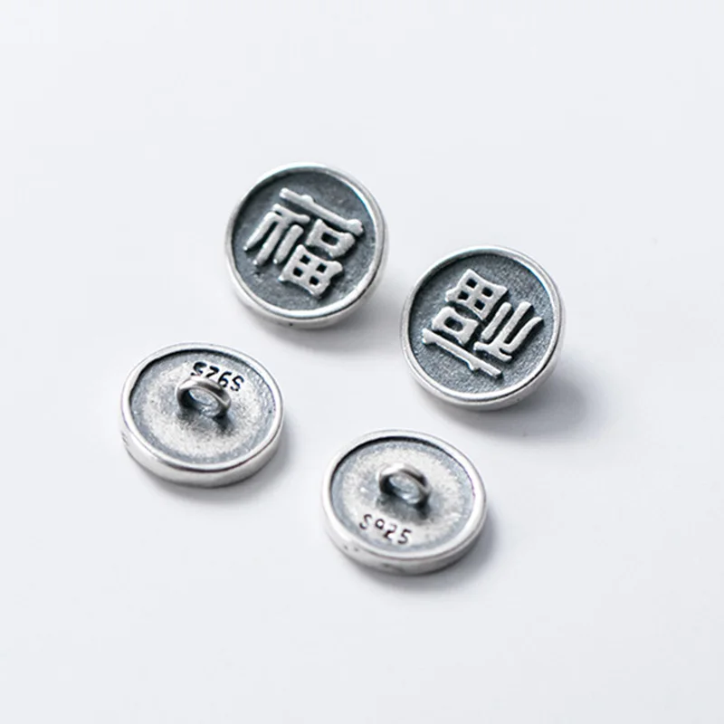 925 Sterling Silver Retro Button Shape Good Luck Round Charms 10mm Personality Matte Finish Silver Pendnat DIY Jewelry Making