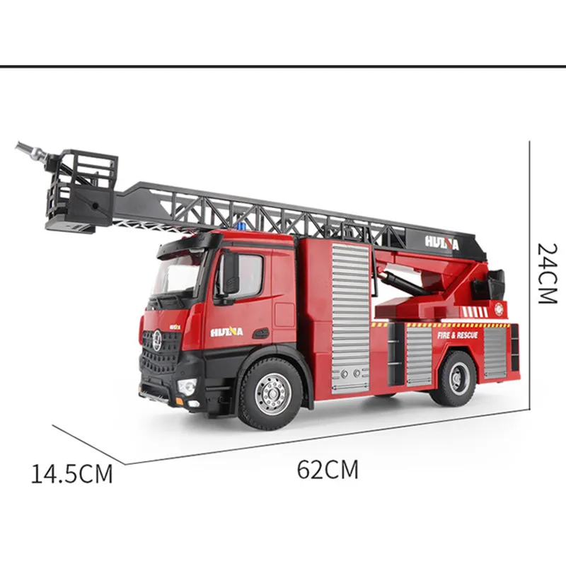 Hochsimulierter Feuerrettungswagen mit Tonlicht, Wasserspray, multifunktional, 62 cm, große 270-Grad-Drehung, RC-Feuerwehrauto