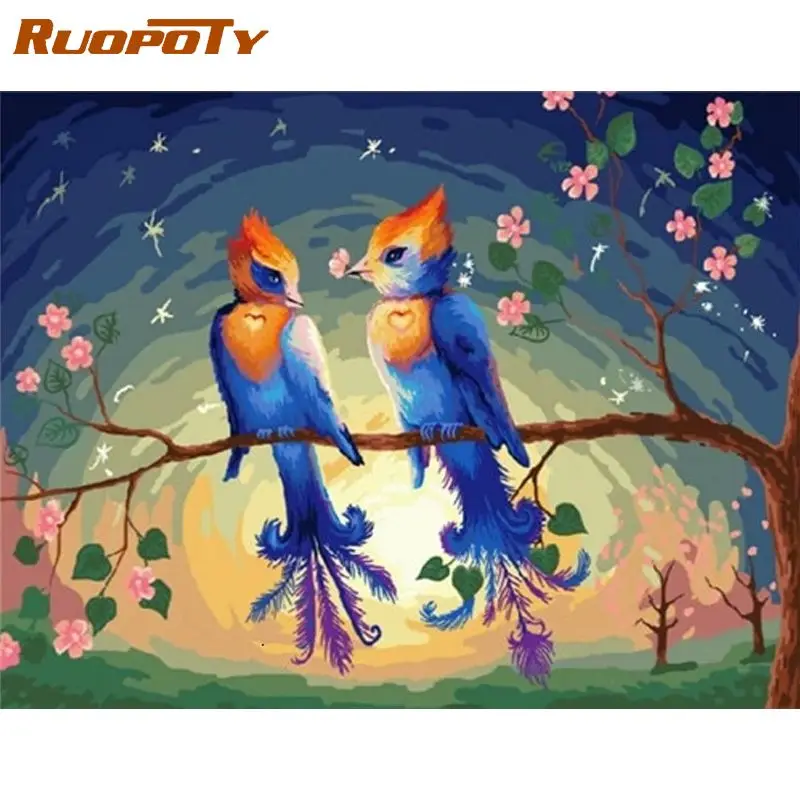 

RUOPOTY Two Blue Bird Animal Painting By Numbers For Adults Home Living Room Decor Picture Acrylic Oil Paint Photos