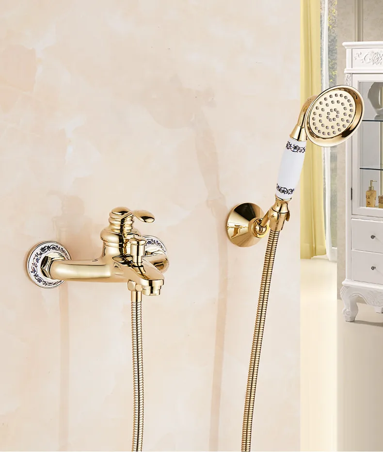 

Shower Faucet Set Wall Mounted Bathroom Single Lever Classical Brass Gold Ceramic Base Shower faucet