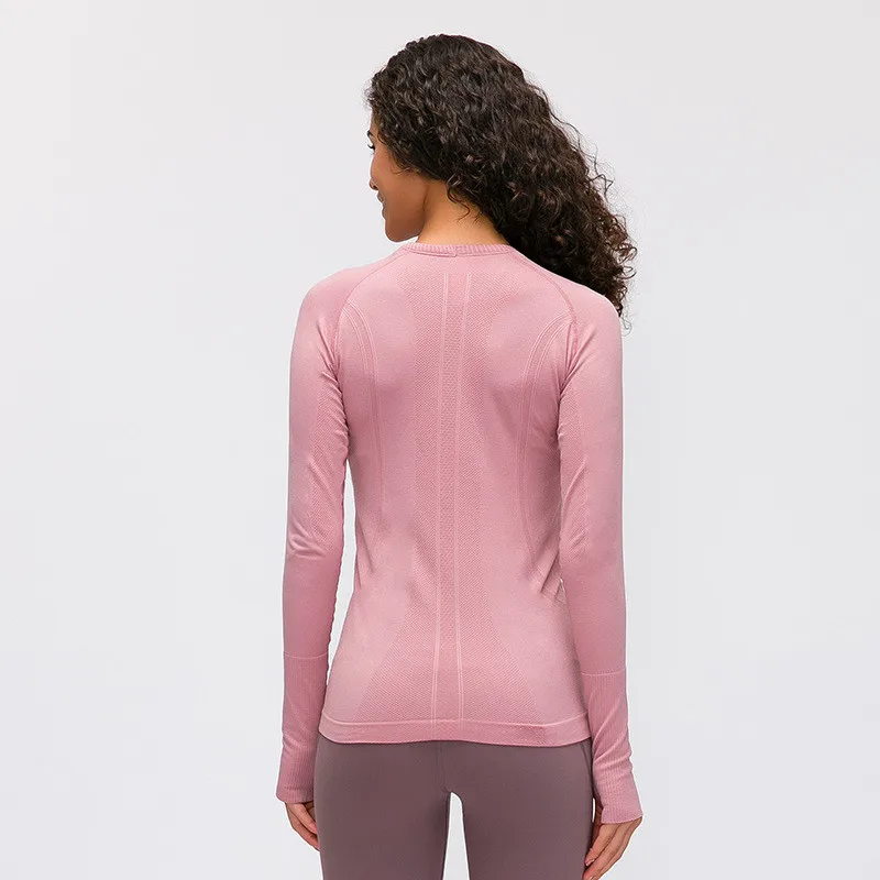 T-shirt à manches longues et col rond pour femme, haut de Yoga, de Sport, de Fitness, de gymnastique, respirant, avec prise de pouce, couleur unie