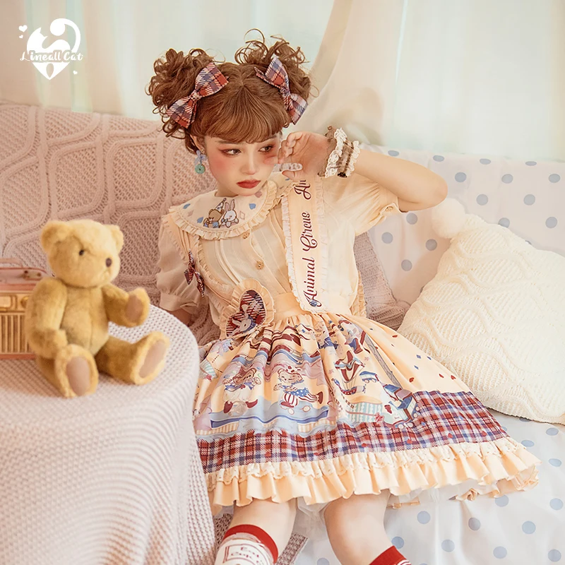 Orso Lolita cinturino stampa cinturino abito dolce Kawaii ragazza Vintage pizzo Bowknot vita alta abito vittoriano Cosplay Cos Loli