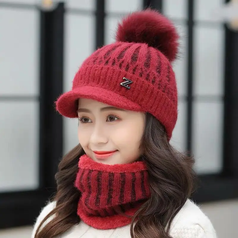 

Knitted Faux Fur Pompom For Hats Scarf 2 Piece Set Women Winter Warm Caps Fashion Skullies Beanie Casual Female Hat High Quality