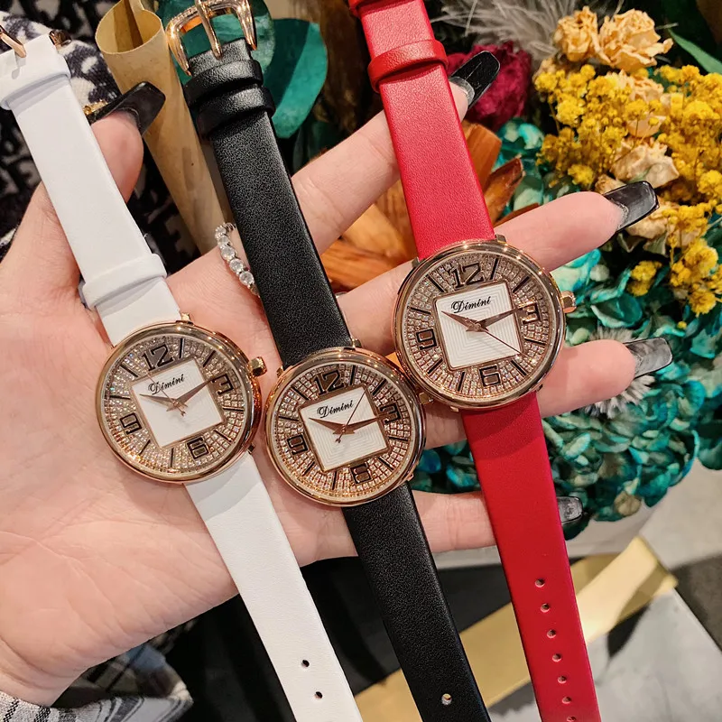 

New Designer Perfect Round Square Watches for Women Brand Crystals Watch Waterproof Real Leather Strap Wrist watch Quartz Clocks