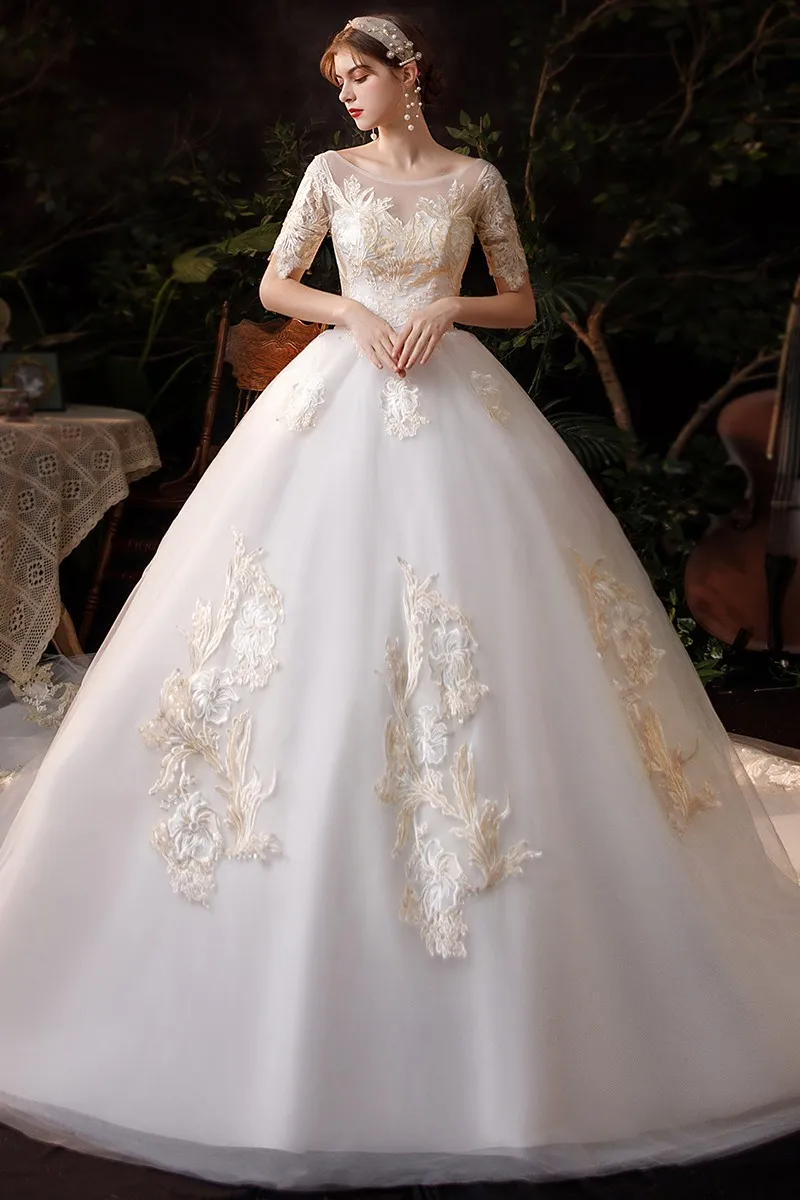 2022 halbe Hülse Hochzeit Kleid Mit Zug Champagner Spitze Braut Ballkleid Prinzessin Vintage Robe De Mariee Vestido De Noiva