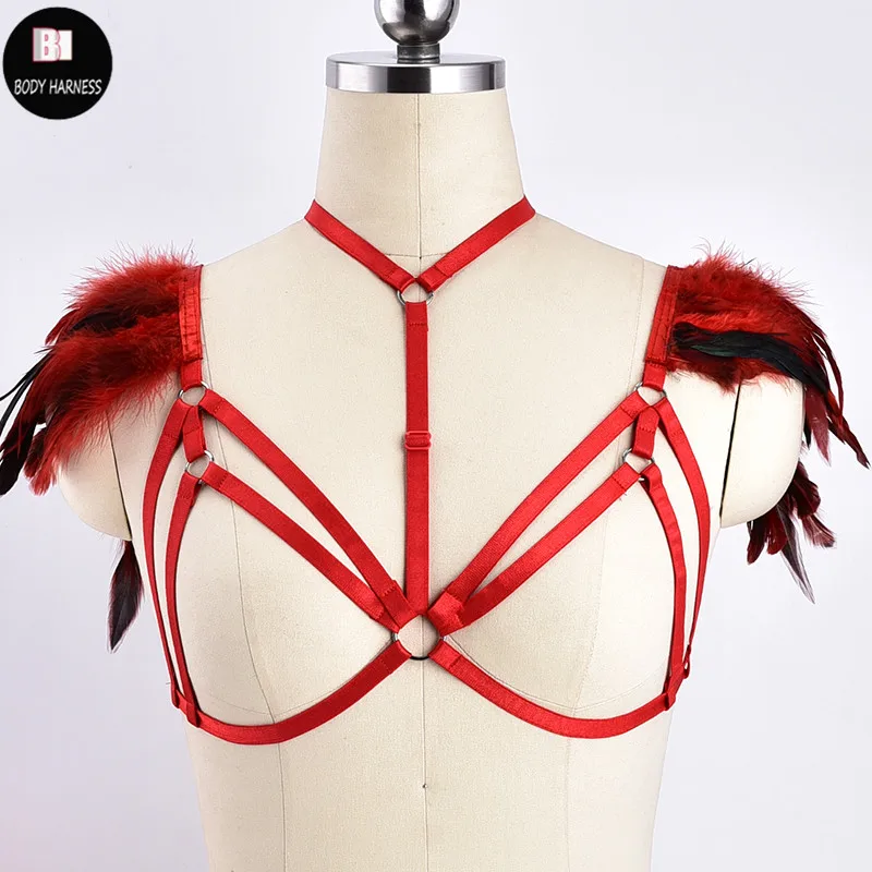 

Red Harness Bra Punk Feather Suspender Belt Women Bondage Body Cage Open Chest Bra Sexy Lingerie Rave Body Harnes Cage Bra