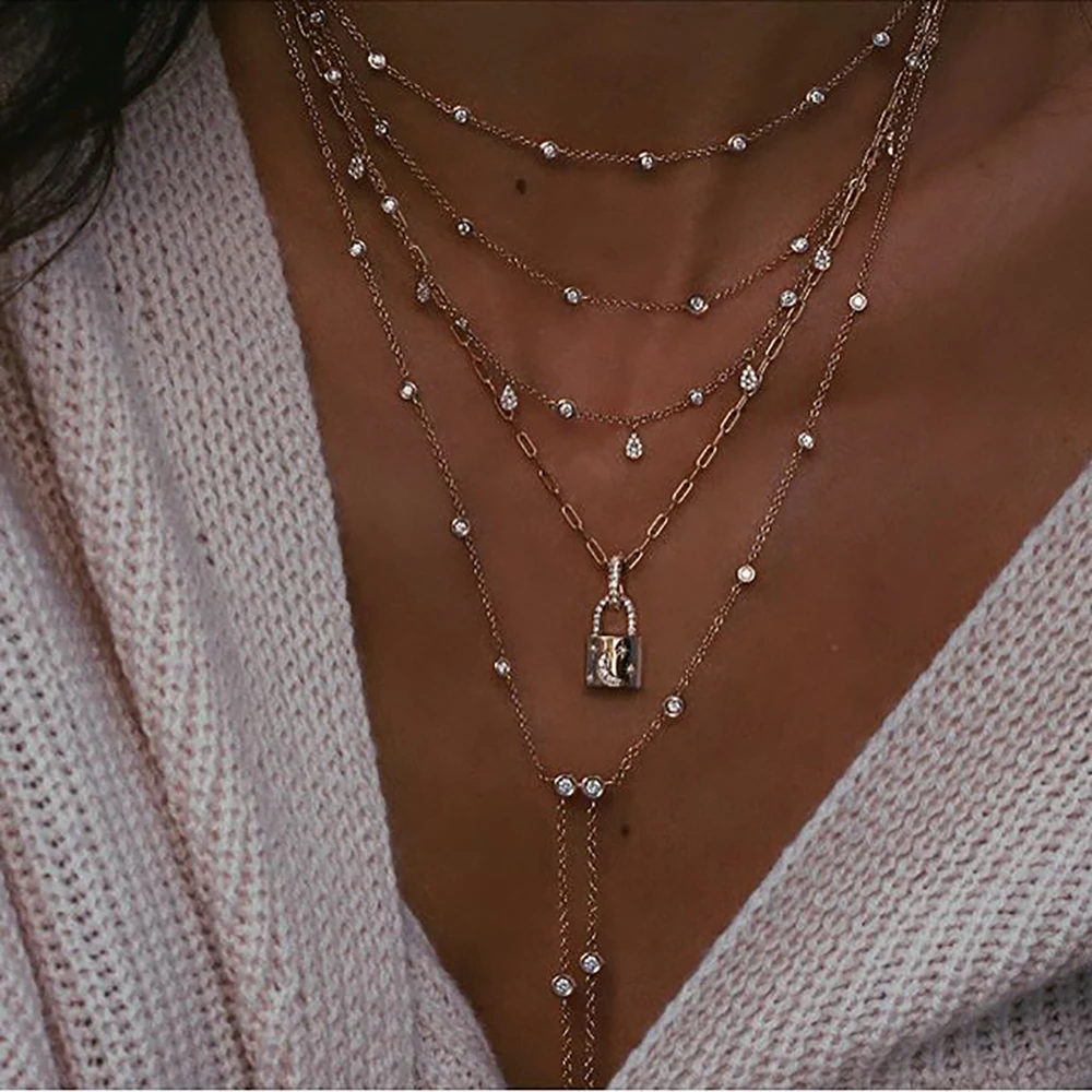 New Vintage Crystal Geometry Star Moon Lock Necklace For Women 2020 Boho Multi-level Pendants Necklaces Chokers Jewelry Gift