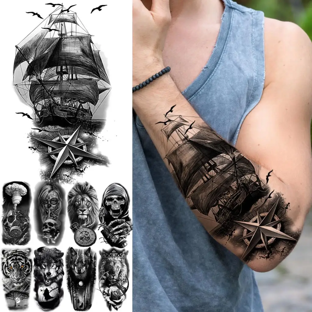 Realistic Pirate Ship Anchor Temporary Tattoos For Men Adult Lion Tiger Wolf Skull Fake Tattoo Sticker Fashion Half Sleeve Tatoo