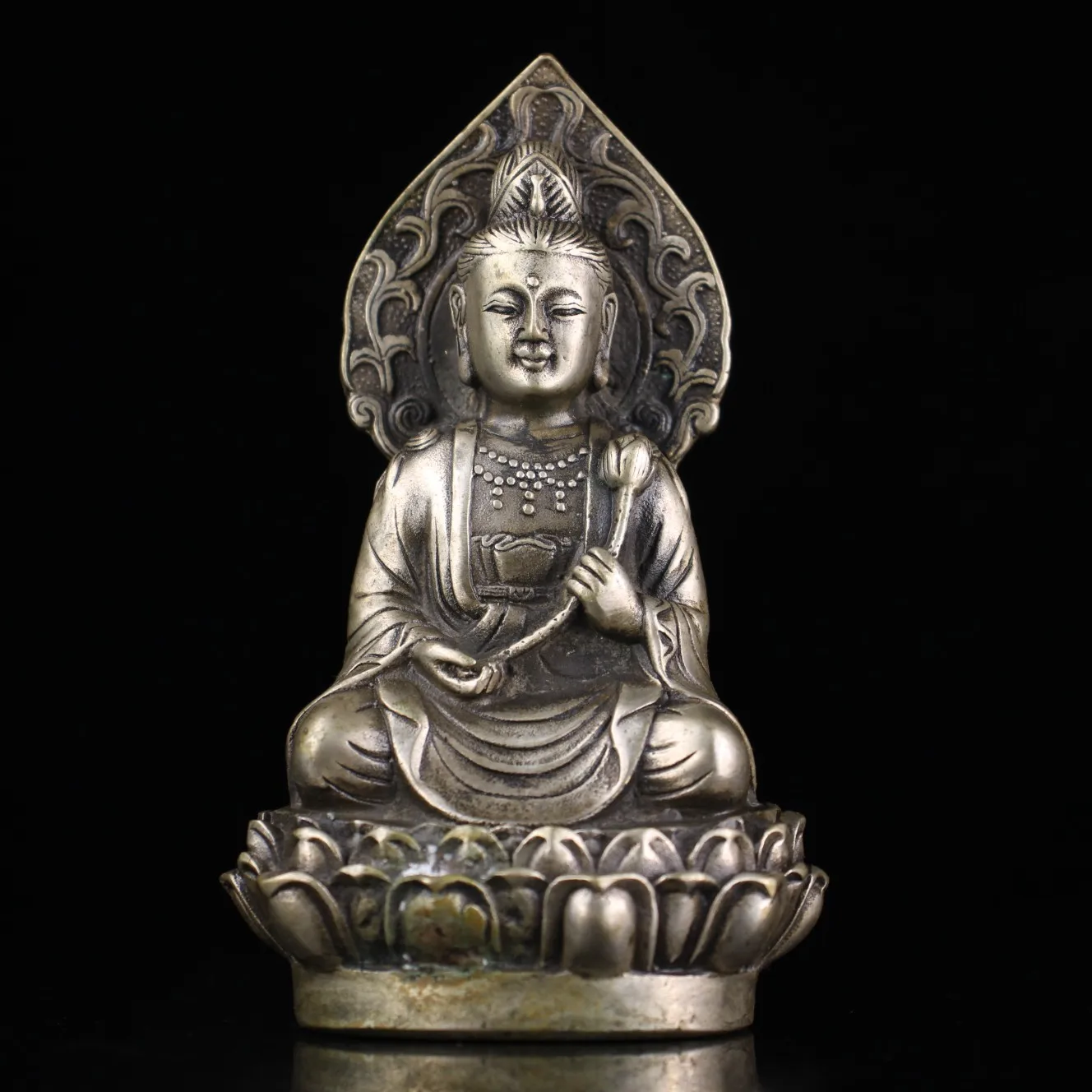 

5"Tibetan Temple Collection Old Bronze Gilded Silver Lotus leaf Guanyin Bodhisattva Statue Small Buddha Cinnabar