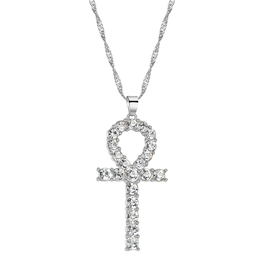 QIMING Amulet Ankh Cross Pendant Necklace Women Men CZ Crystal Egyptian Key Of Life Pendant Necklace Religious Jewelry
