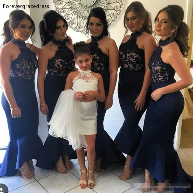 

High Low Navy Blue Bridesmaid Dresses Mermaid Western Girls Wedding Guest Maid of Honor Gowns Tailor Made Plus Size Available